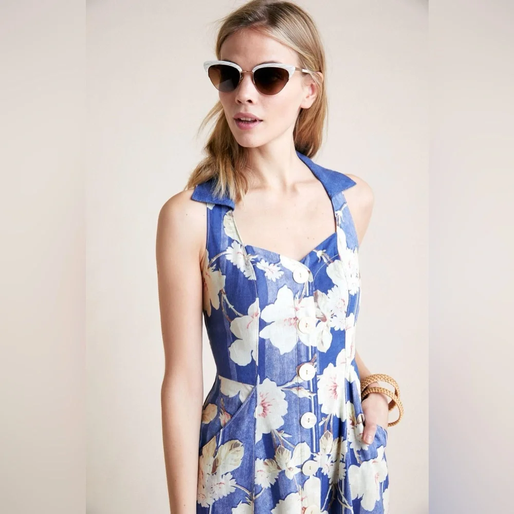 by Anthropologie Camellia Collared Dress in Blue Motif size 6 - Picture 3 of 12